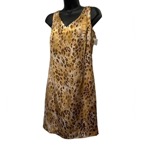 NWT 100% Silk Leopard Beige Gold Mob Wife Sleeveless Elegant Dress Womens 6 - Picture 2 of 11